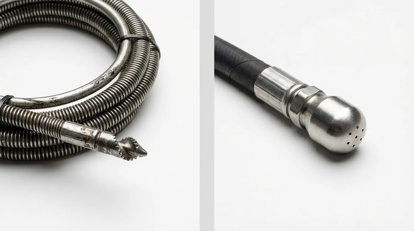 Drain snake cable and hydro jetting nozzle used for drain cleaning in Dayton, WA