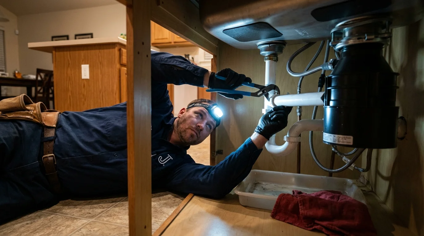 P-trap and supply line connections under a kitchen sink showing a common leak point in Dayton, WA